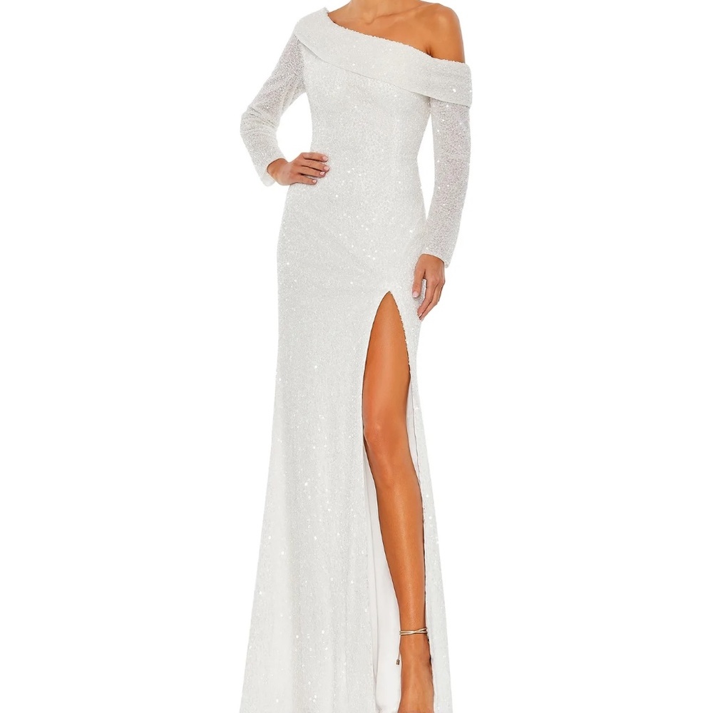 Mac Duggal White Sequin Gown Evening Dress Formal Sparkling